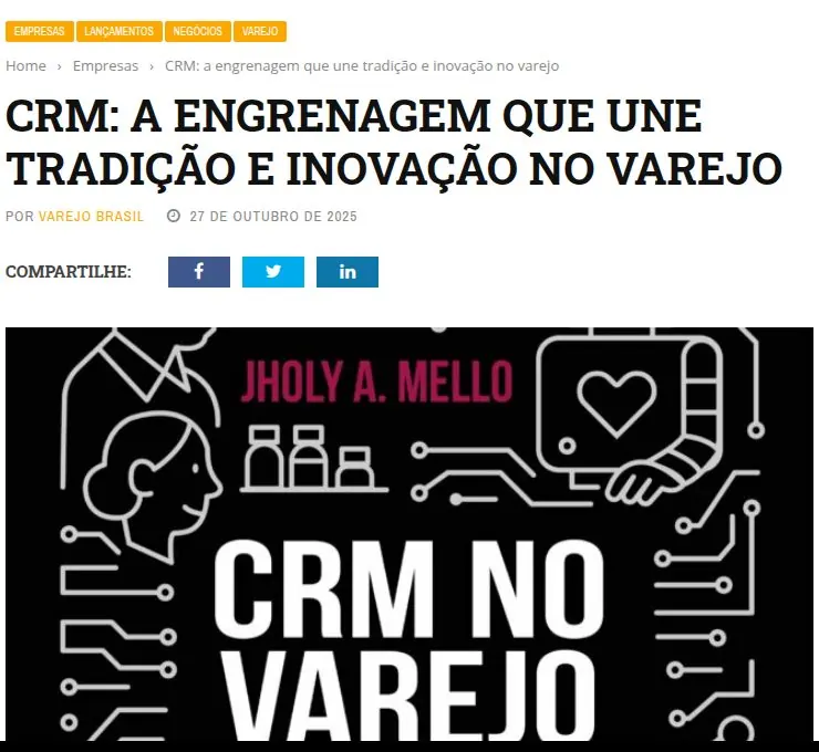 Matéria da Revista Varejo Brasil "CRM: a engrenagem que une tradição e inovação no varejo", com a capa do livro